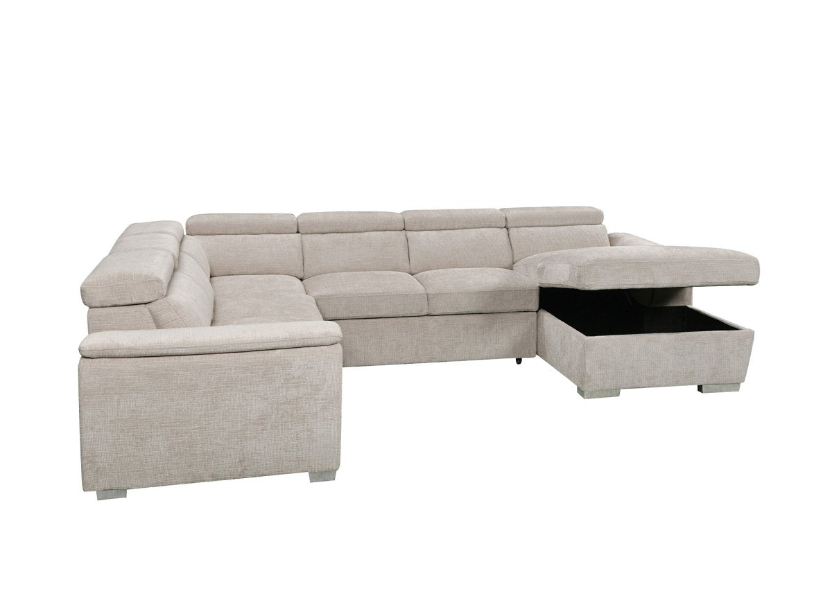 Canapé panoramique convertible avec coffre en velours chiné beige GAELLE - Angle droit - DécoInParis