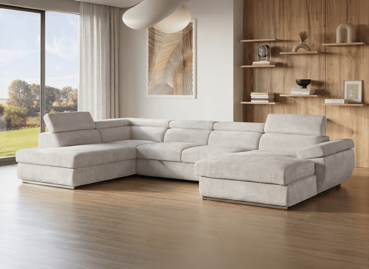 Canapé panoramique convertible avec coffre en velours chiné beige MARIANO - Angle droit - DécoInParis