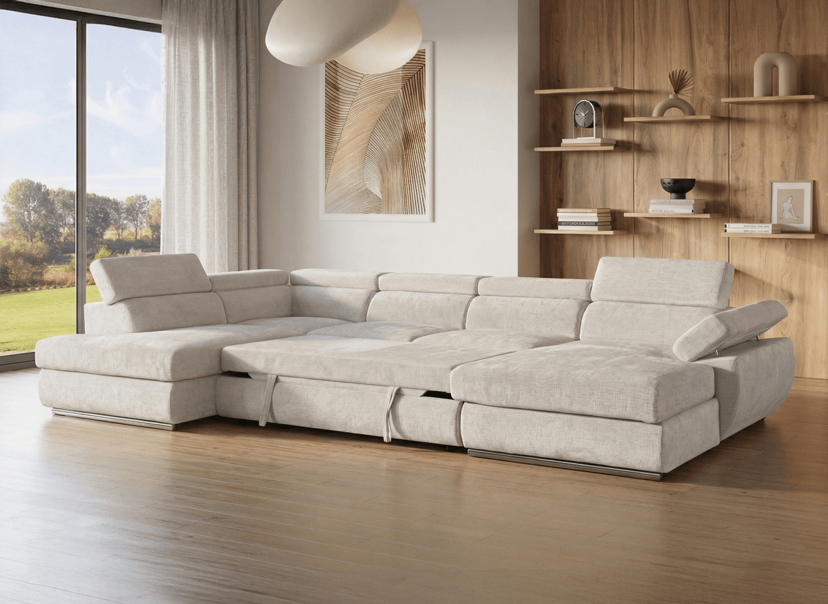 Canapé panoramique convertible avec coffre en velours chiné beige MARIANO - Angle droit - DécoInParis