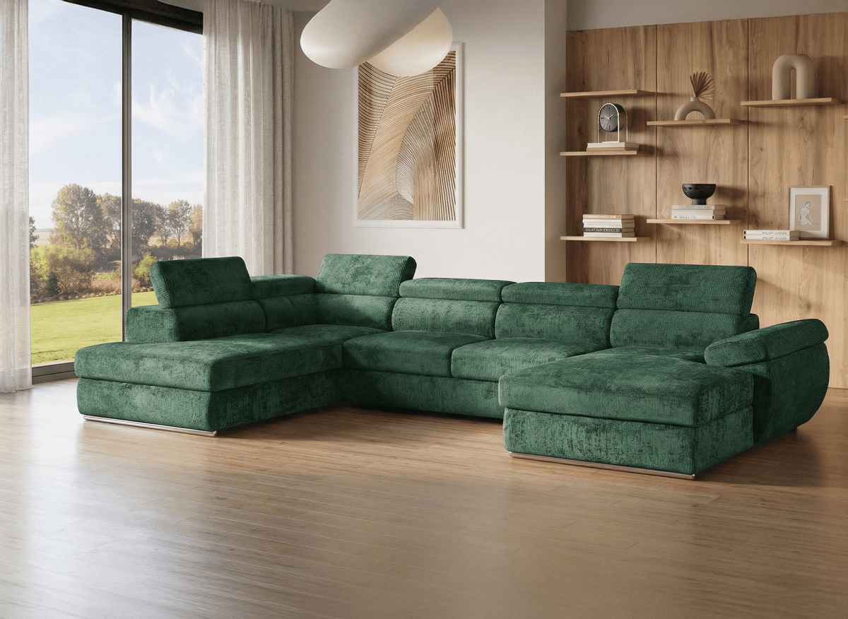 Canapé panoramique convertible avec coffre en velours chiné vert olive MARIANO - Angle droit - DécoInParis