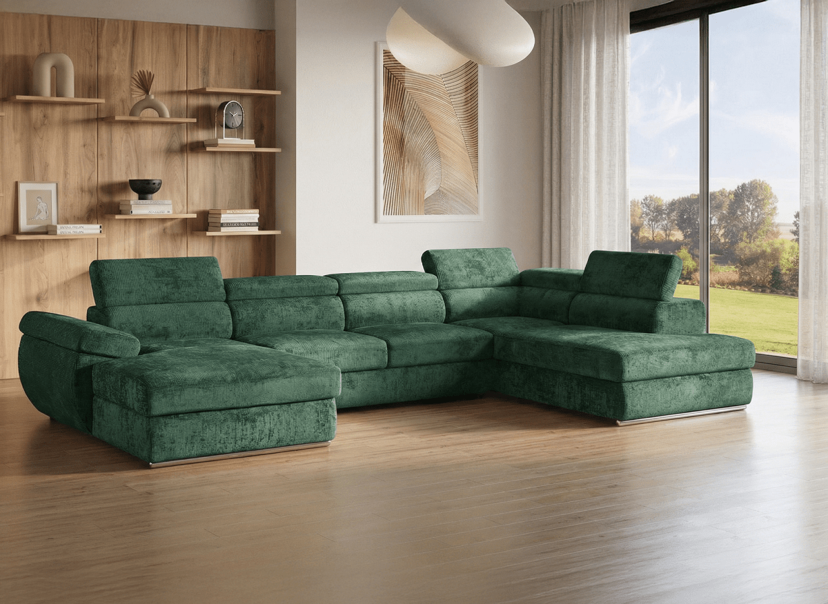 Canapé panoramique convertible avec coffre en velours chiné vert olive MARIANO - Angle gauche - DécoInParis