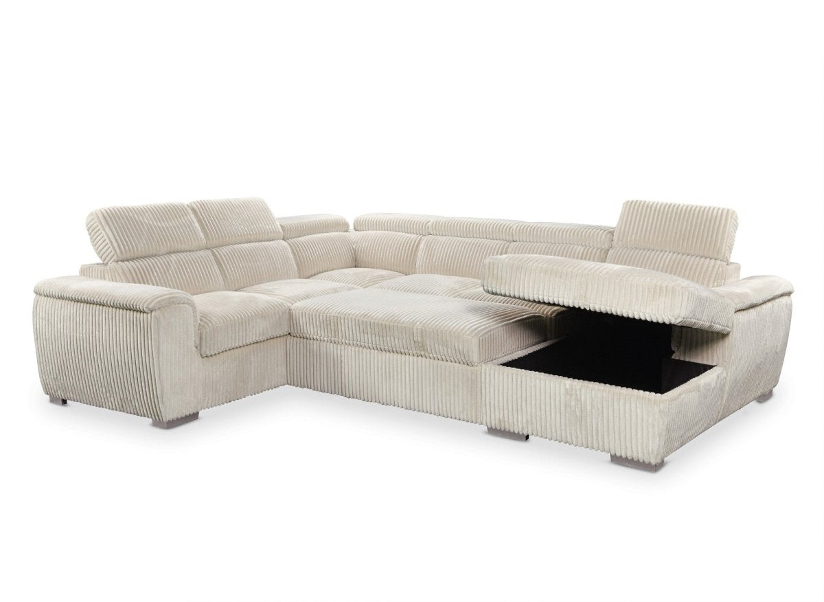 Canapé panoramique convertible avec coffre en velours côtelé épais beige GAELLE - Angle Droit - DécoInParis