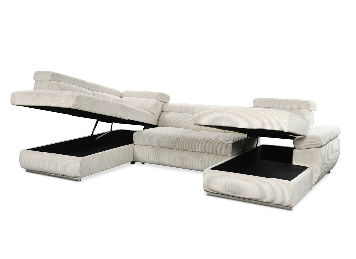 Canapé panoramique convertible avec coffre en velours côtelé épais beige MARIANO - Angle droit - DécoInParis