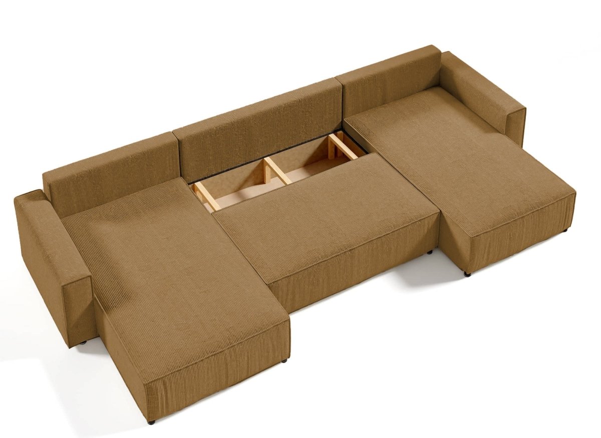 Canapé panoramique convertible avec coffre en velours cotelé moutarde - JADE - DécoInParis