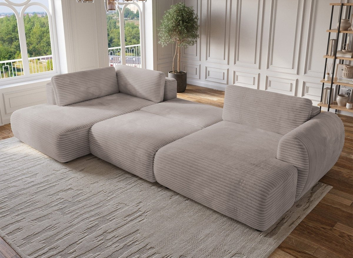 Canapé panoramique convertible avec coffre en velours gros côtelé taupe TILDA - Angle gauche - DécoInParis