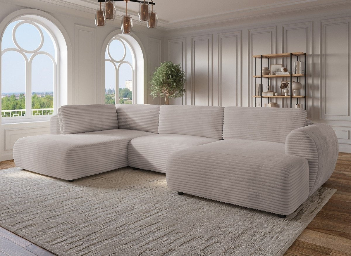 Canapé panoramique convertible avec coffre en velours gros côtelé taupe TILDA - Angle gauche - DécoInParis