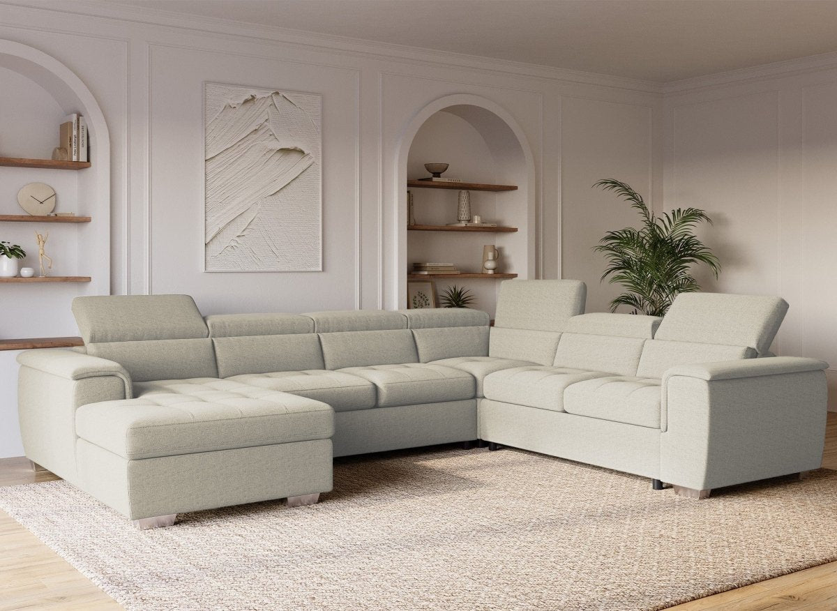 Canapé panoramique convertible coffre de rangement en tissu beige GAELLE - Angle Gauche - DécoInParis