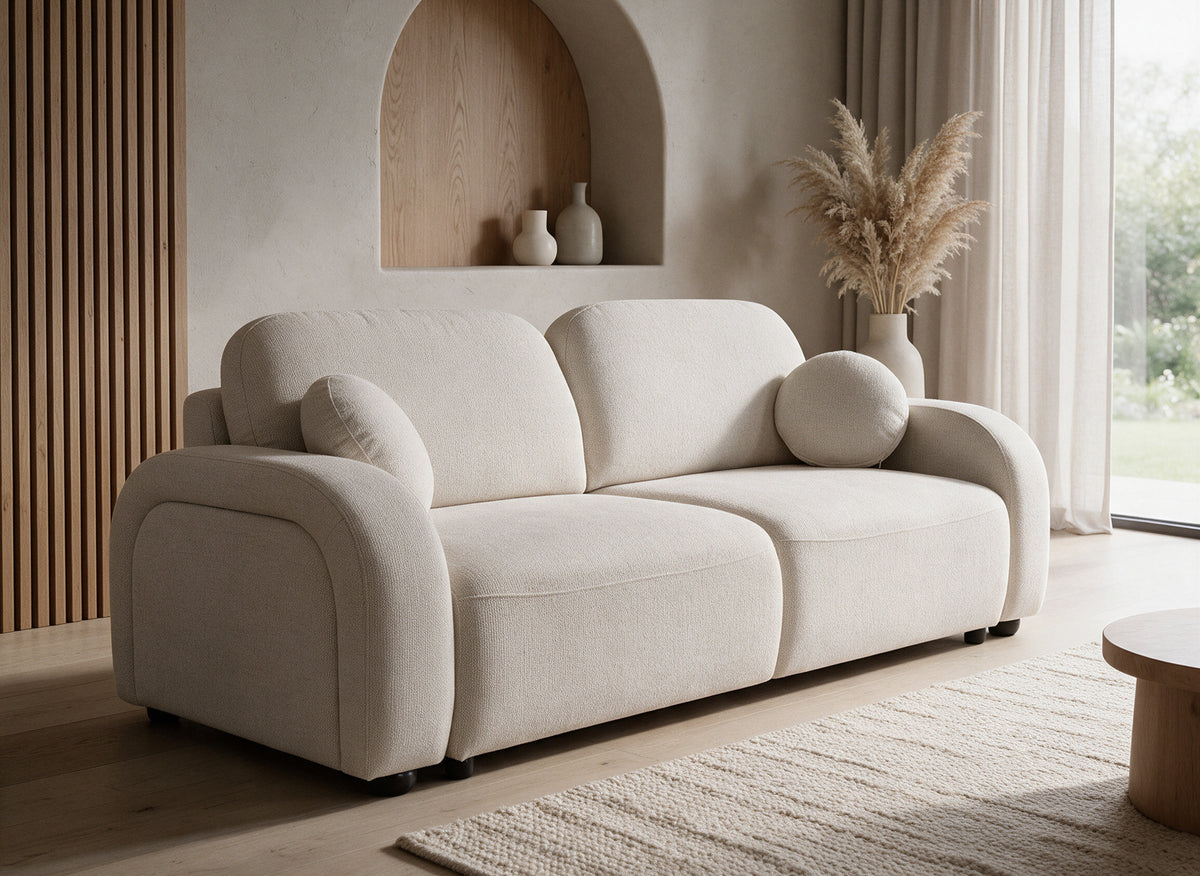 Sofá cama de 3 plazas en tela texturizada beige MAYORA