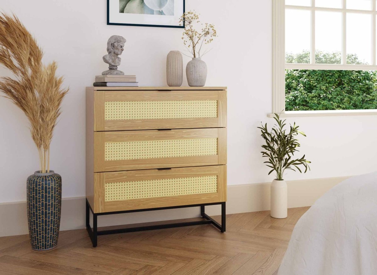 Commode scandinave 3 tiroirs en bois métal et cannage TULLIO - DécoInParis