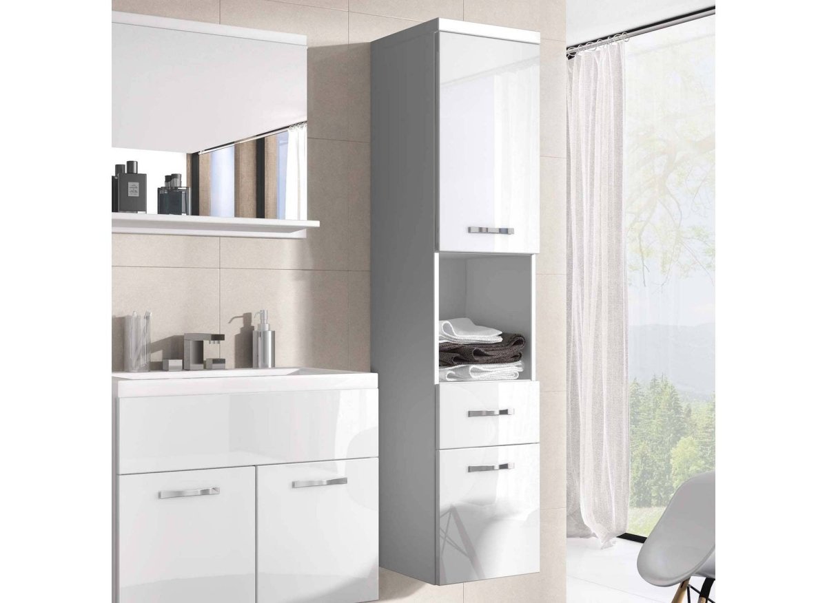 Ensemble meubles salle de bain design suspendu - Blanc laqué SHELBY - DécoInParis