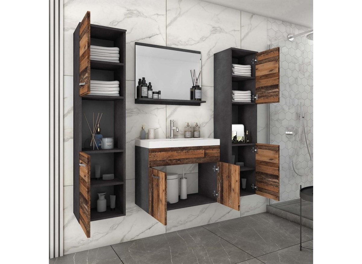 Ensemble meubles salle de bain design suspendu XL - Gris foncé et chêne vieilli HARMONY - DécoInParis