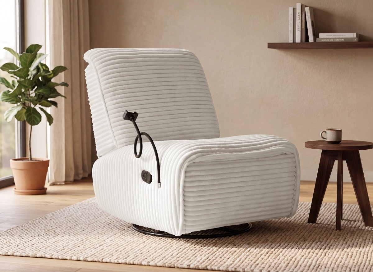 Fauteuil relax électrique en velours côtelé blanc écru PAOLO - DécoInParis