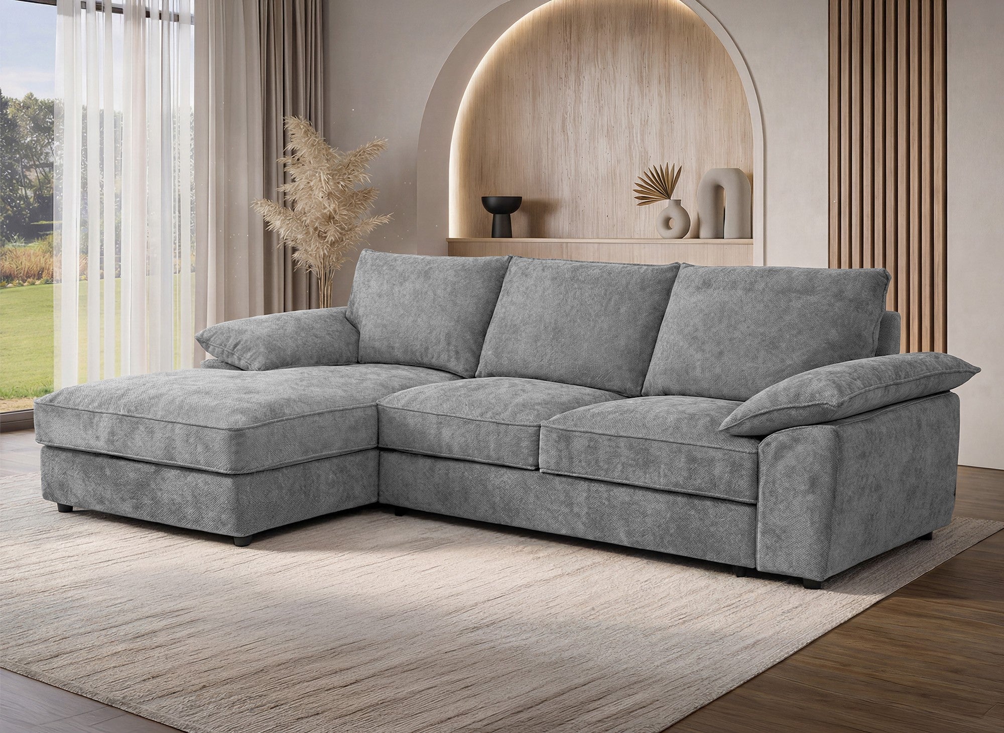 Sofá cama esquinero GABIN con almacenaje en terciopelo gris jaspeado - Esquina izquierda