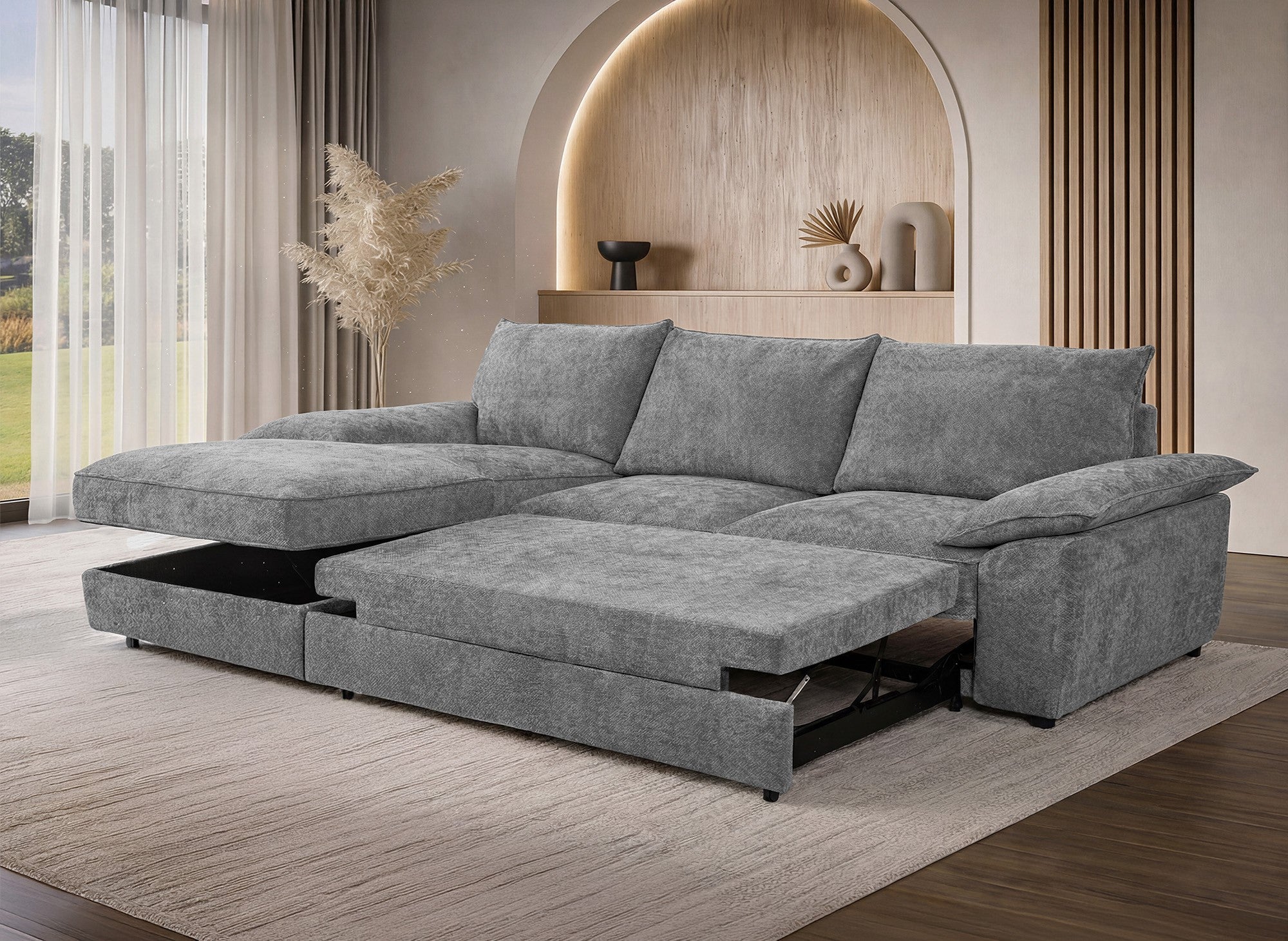 Sofá cama esquinero GABIN con almacenaje en terciopelo gris jaspeado - Esquina izquierda