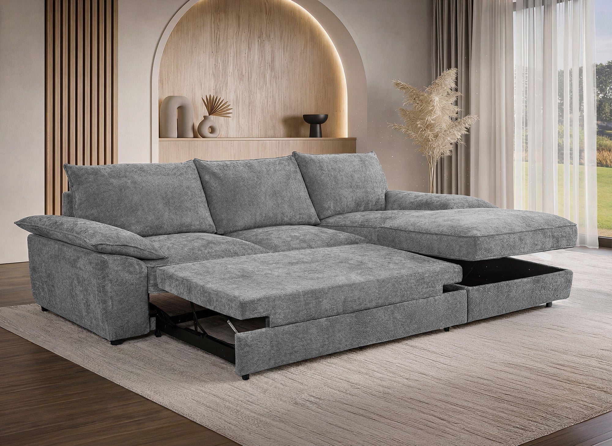 Sofá esquinero convertible GABIN con almacenaje en terciopelo gris jaspeado - Esquinero derecho