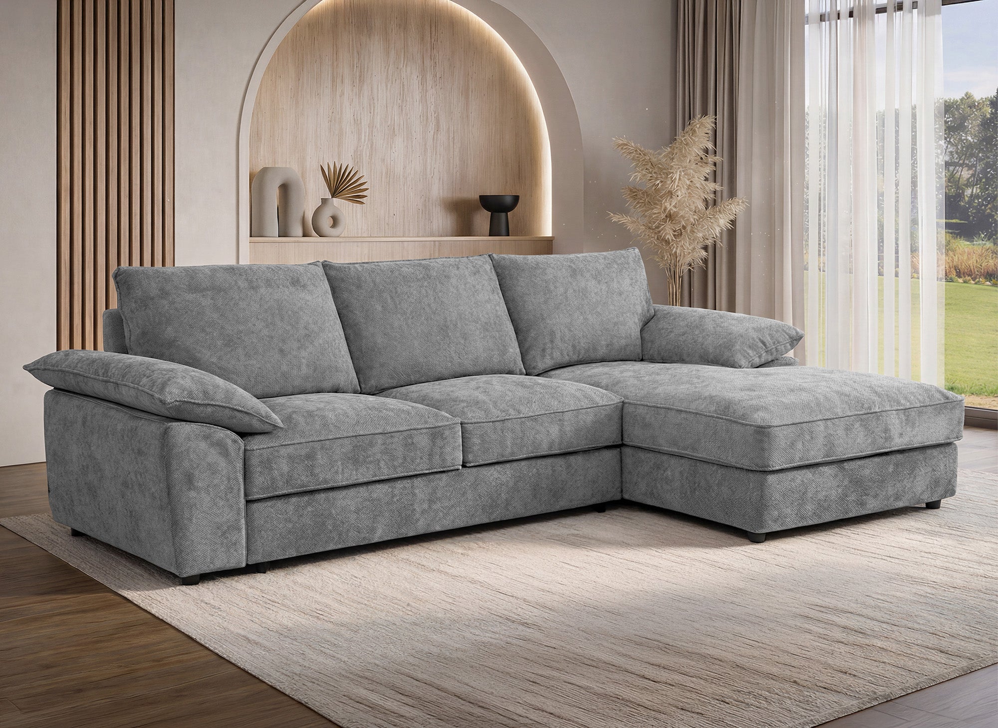 Sofá esquinero convertible GABIN con almacenaje en terciopelo gris jaspeado - Esquinero derecho