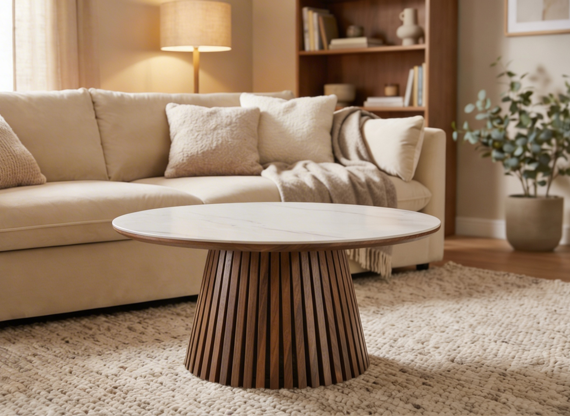 Mesa de centro redonda HEKA de madera oscura con tablero de cerámica blanca