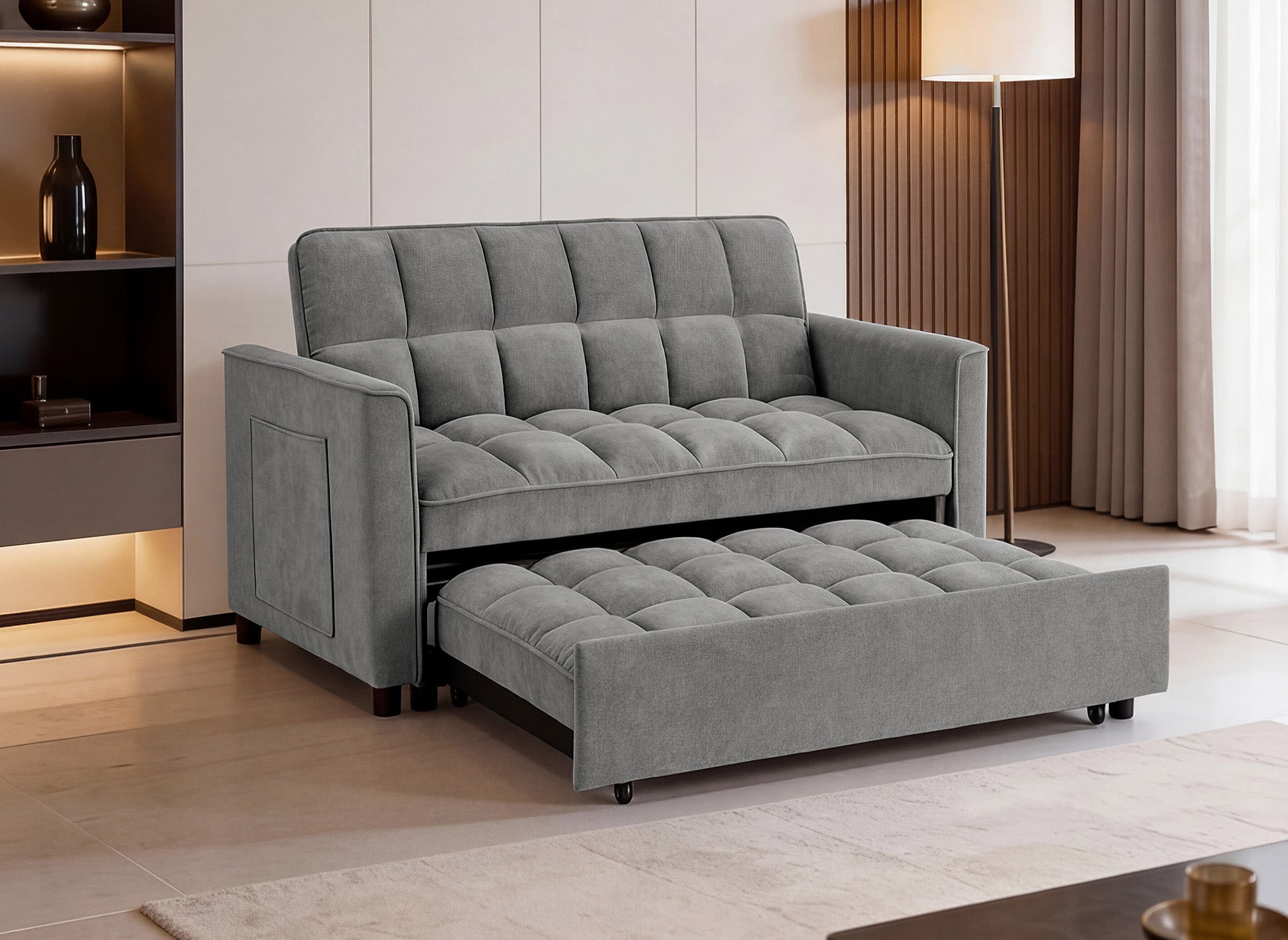 Sofá cama JASPER de 2 plazas en terciopelo gris texturizado