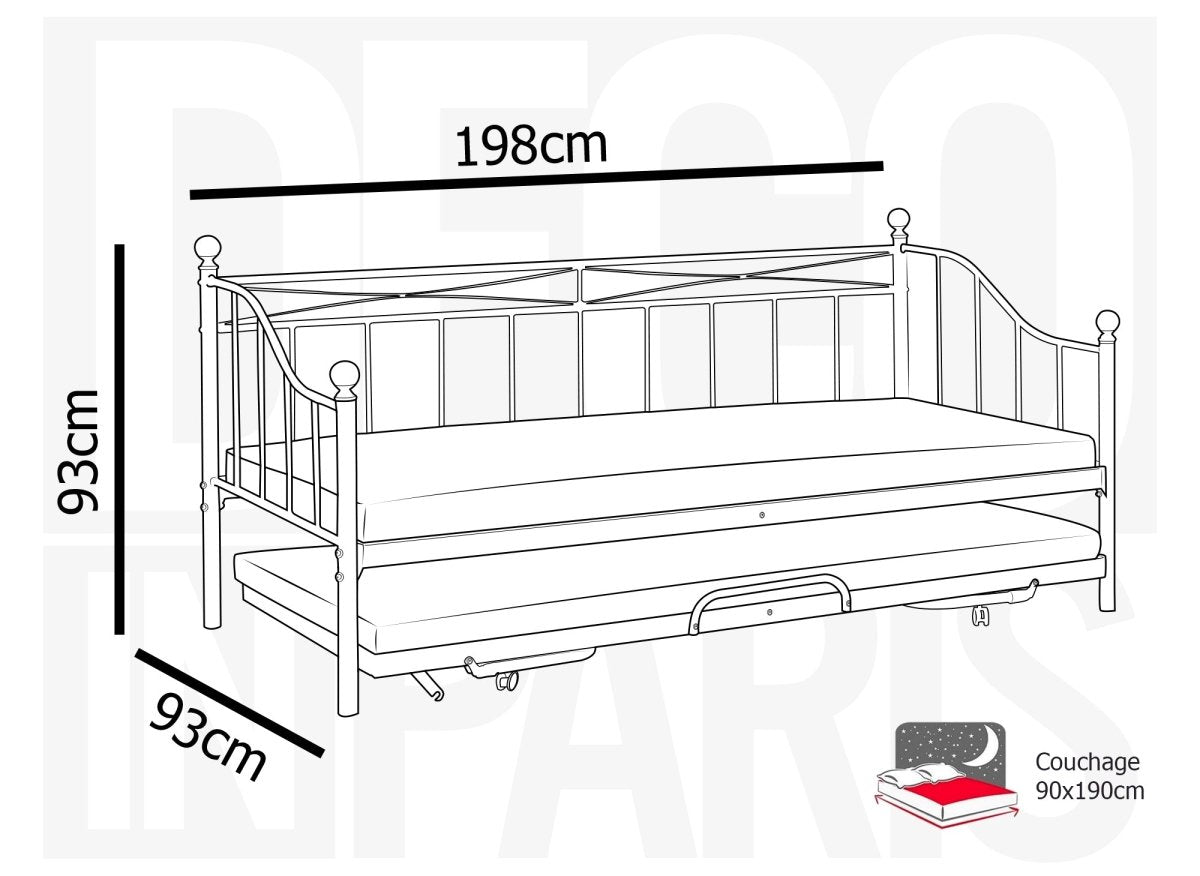 Lit banquette gigogne en métal noir ALICIA 90 x 190 cm - DécoInParis