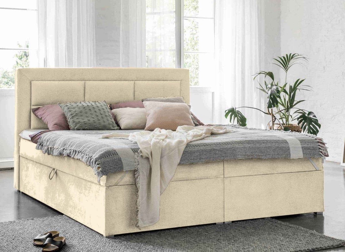 Lit boxspring 160x200 avec coffre de rangement en velours beige DAKOTA - DécoInParis