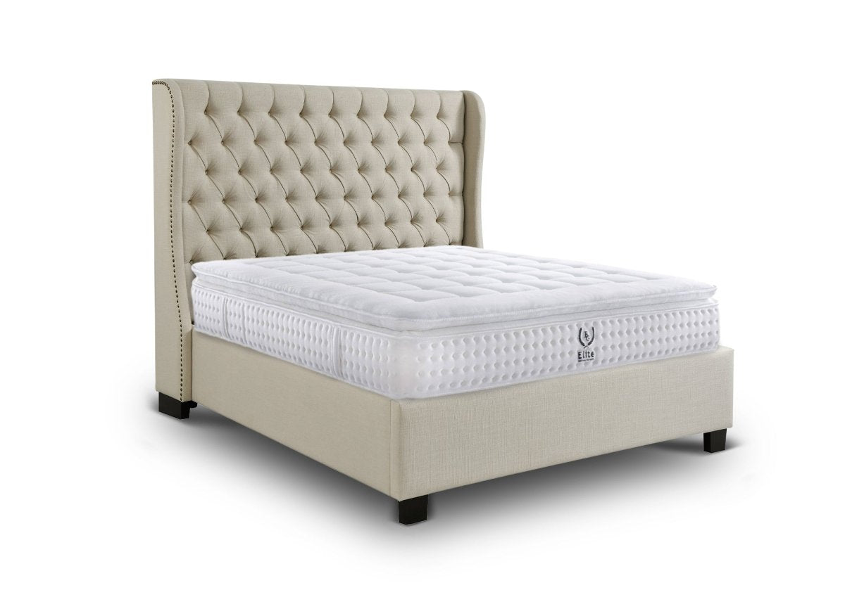 Lit coffre capitonné en tissu lin beige FLORINE 180 x 200 cm - DécoInParis