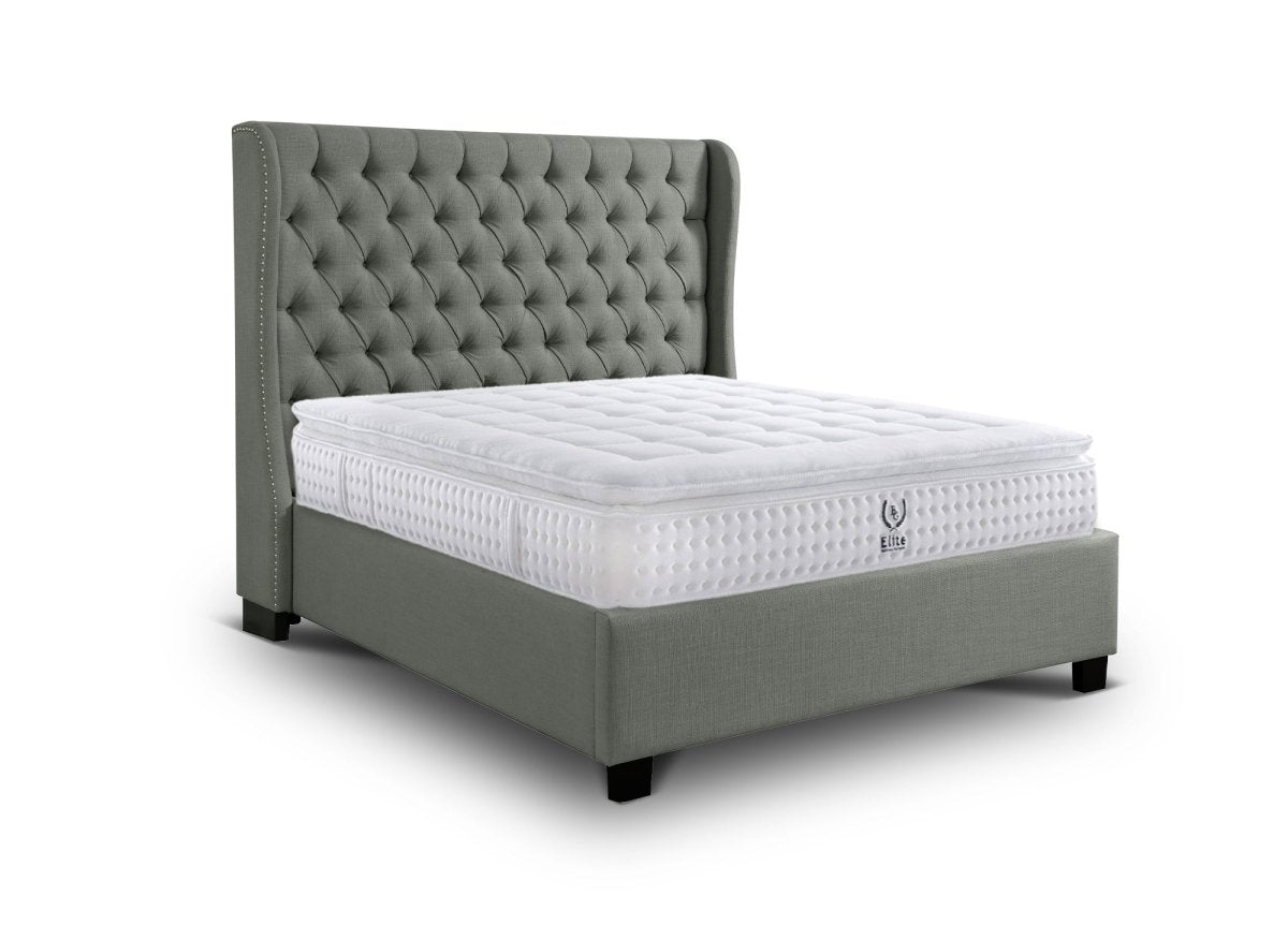 Lit coffre capitonné en tissu lin gris FLORINE 140 x 190 cm - DécoInParis