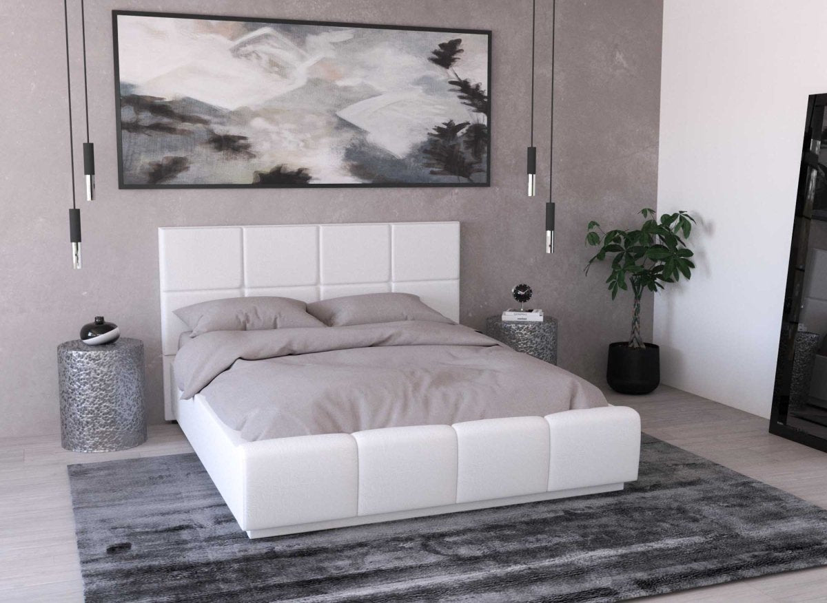 Lit coffre en simili cuir blanc avec LED 140x190 cm DIVINE - DécoInParis