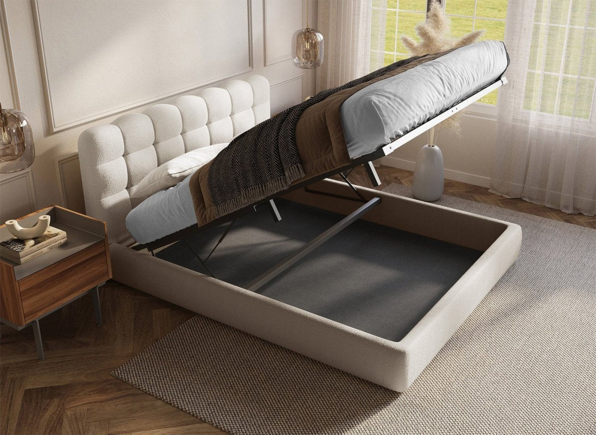 Lit coffre en tissu bouclette beige 140x190 cm BISCUIT - DécoInParis