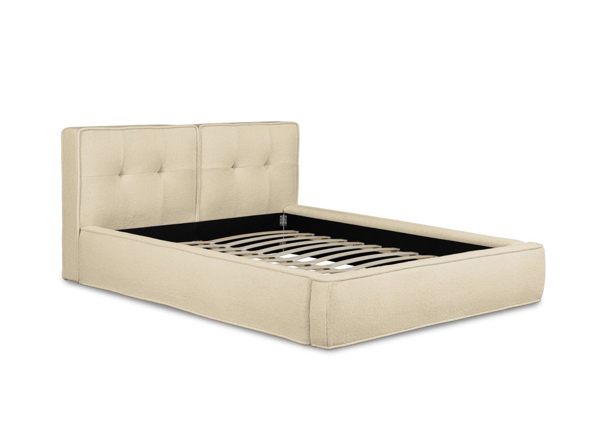 Lit coffre en tissu bouclette beige 160x200cm YUNA - DécoInParis