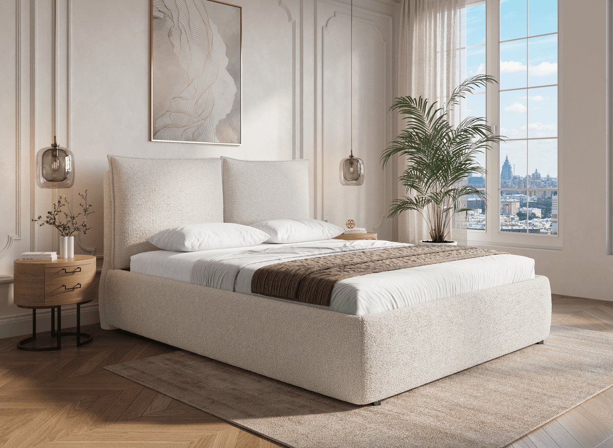 Lit coffre en tissu bouclette beige 180x200 cm MELY - DécoInParis