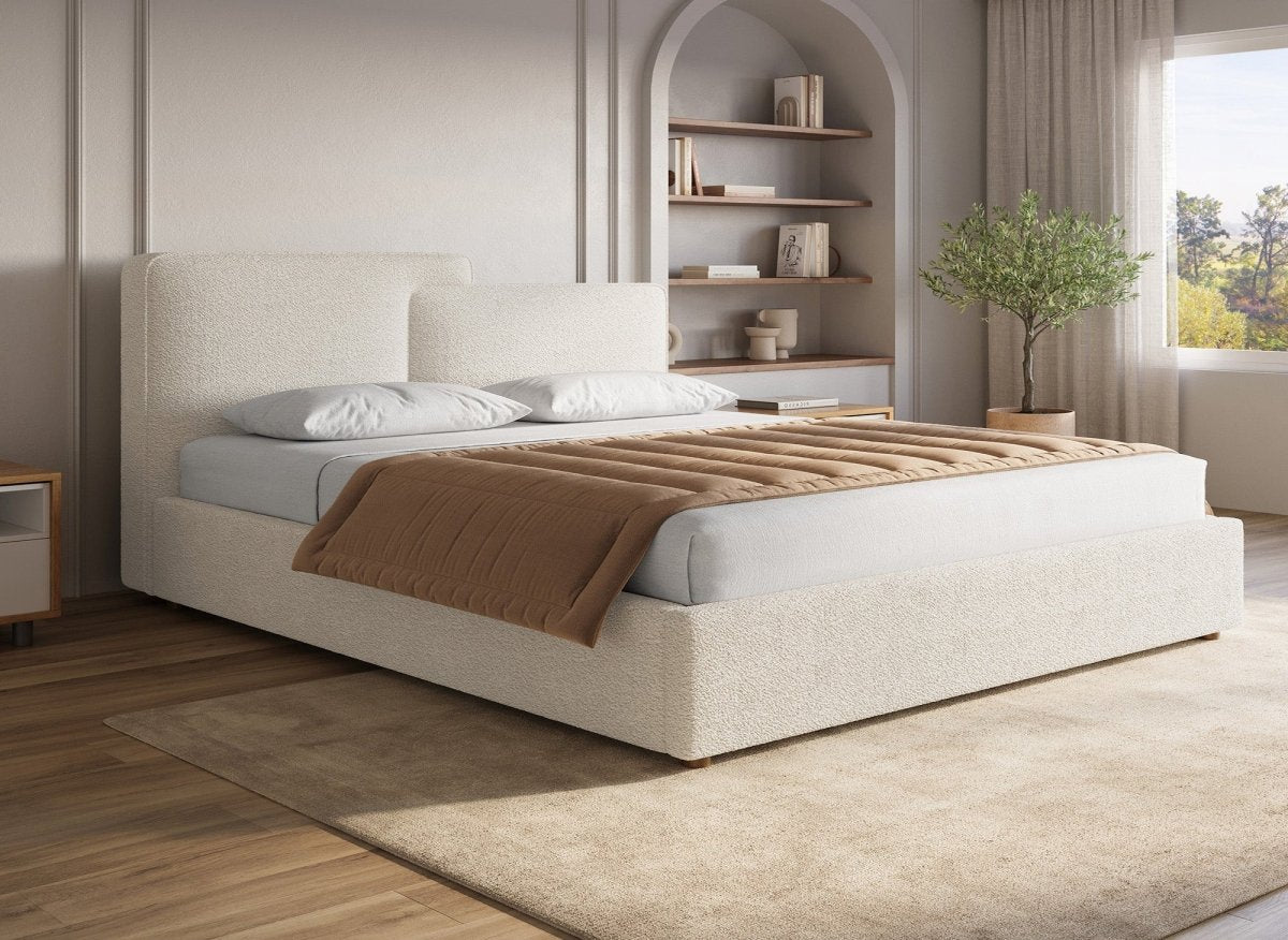 Lit coffre en tissu bouclette beige 180x200 cm ZELIA - DécoInParis