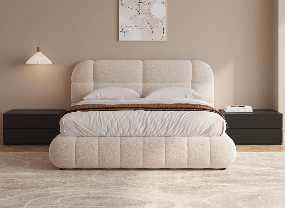Lit coffre en tissu bouclette écru 140x190 cm YOURI - DécoInParis