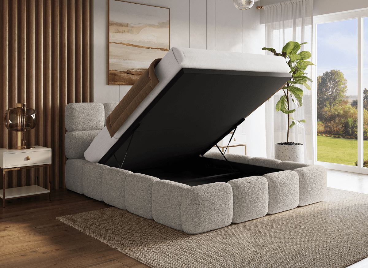 Lit coffre en tissu bouclette taupe 160x200 cm BUBBLE - DécoInParis