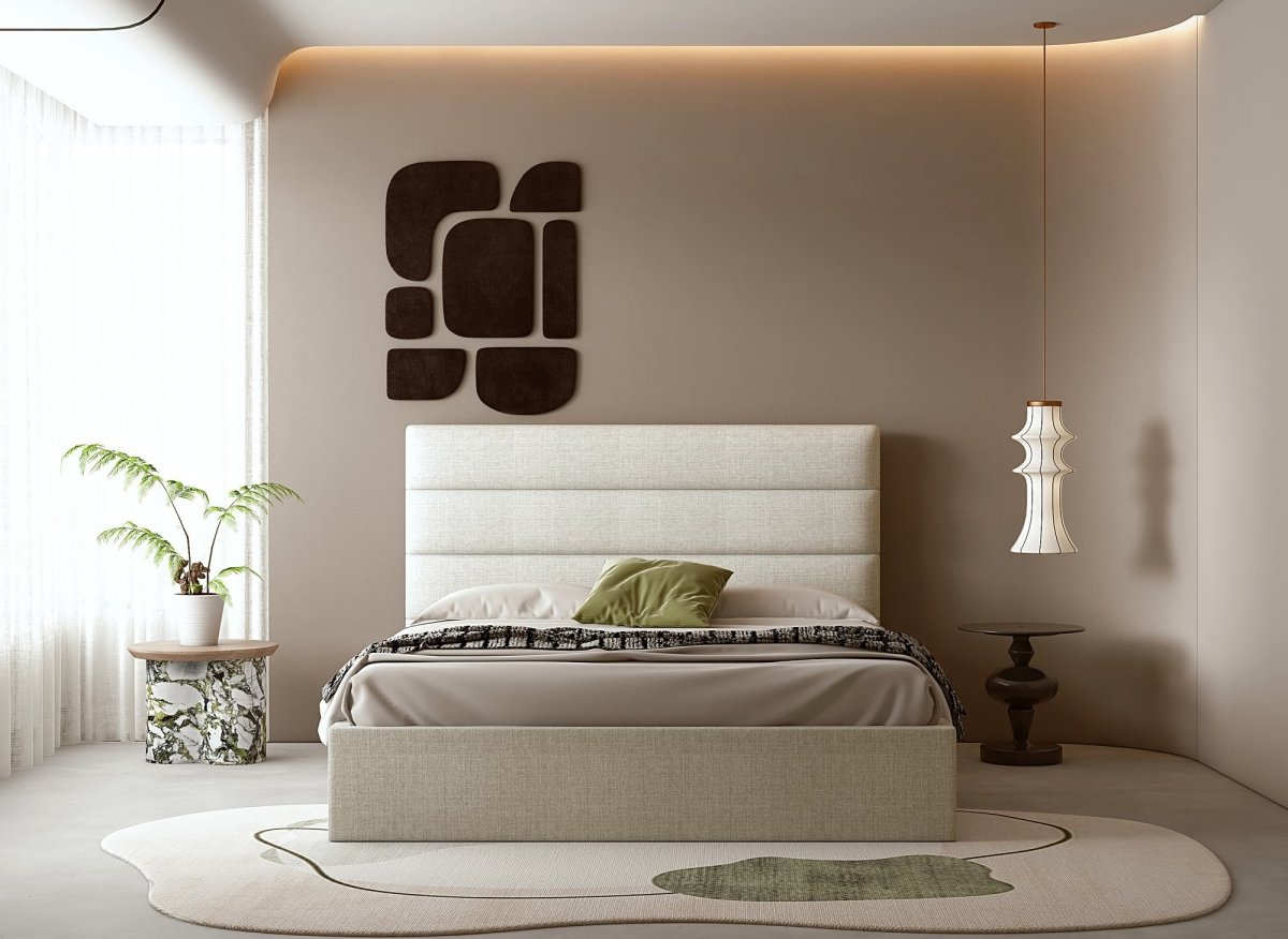 Lit coffre en tissu lin beige 180 x 200 cm SHANNA - DécoInParis