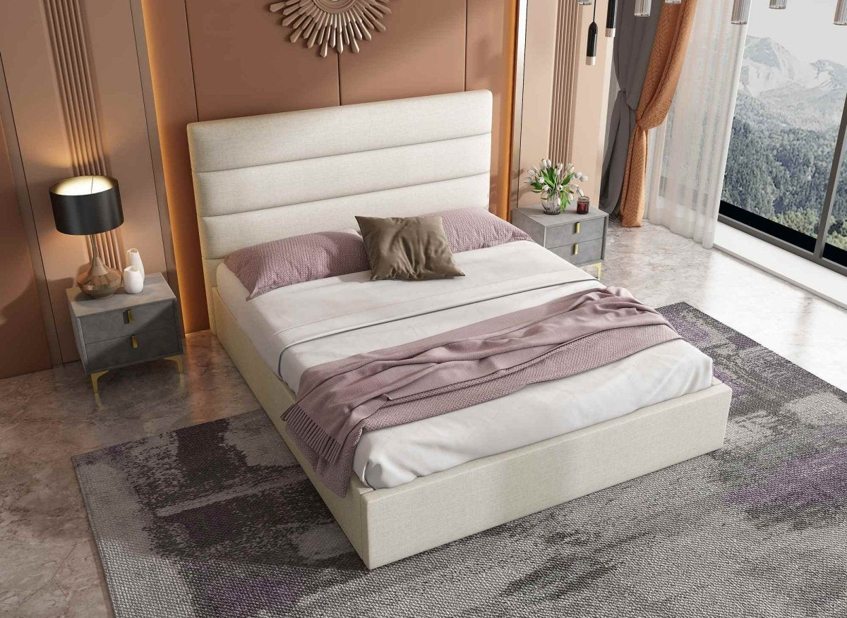 Lit coffre en tissu lin beige 180 x 200 cm SHANNA - DécoInParis