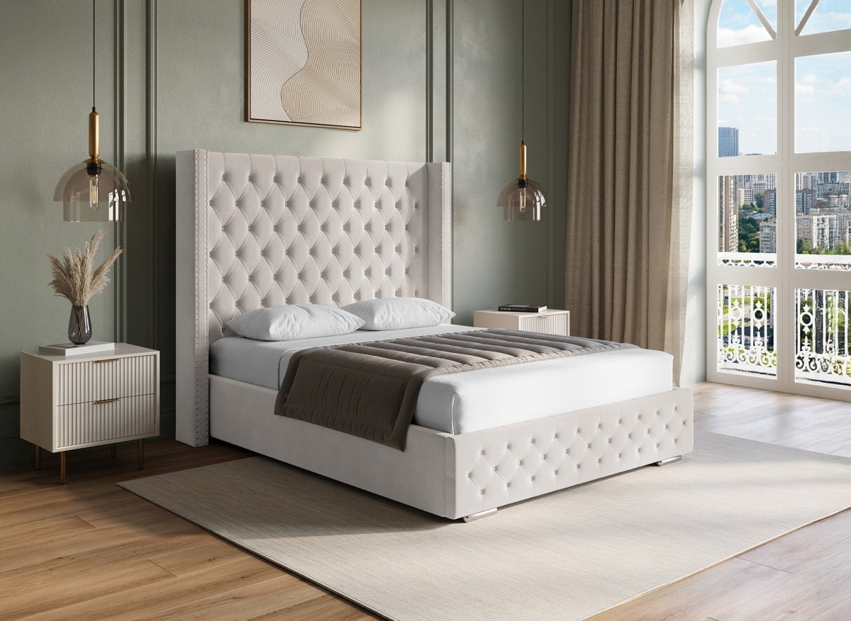 Lit coffre en velours beige 140x190 cm MAXI - DécoInParis