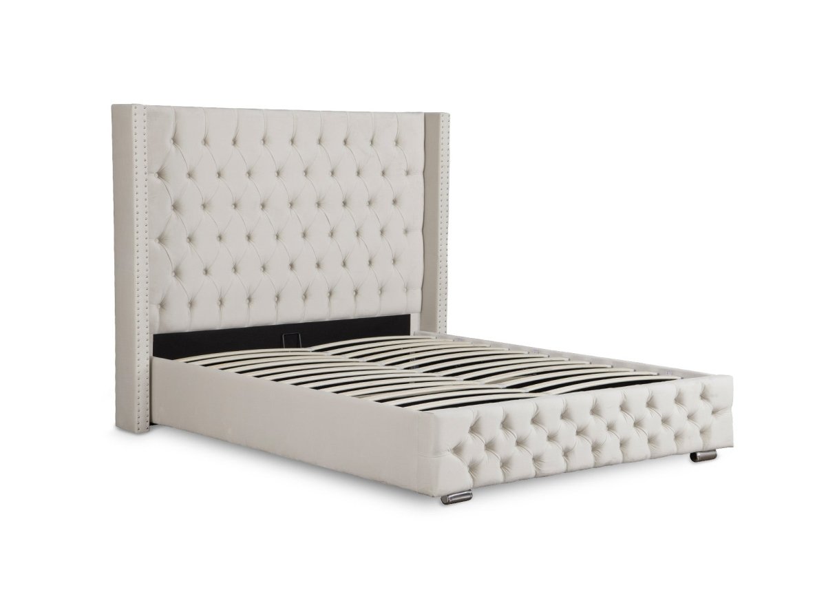 Lit coffre en velours beige 160x200 cm MAXI - DécoInParis