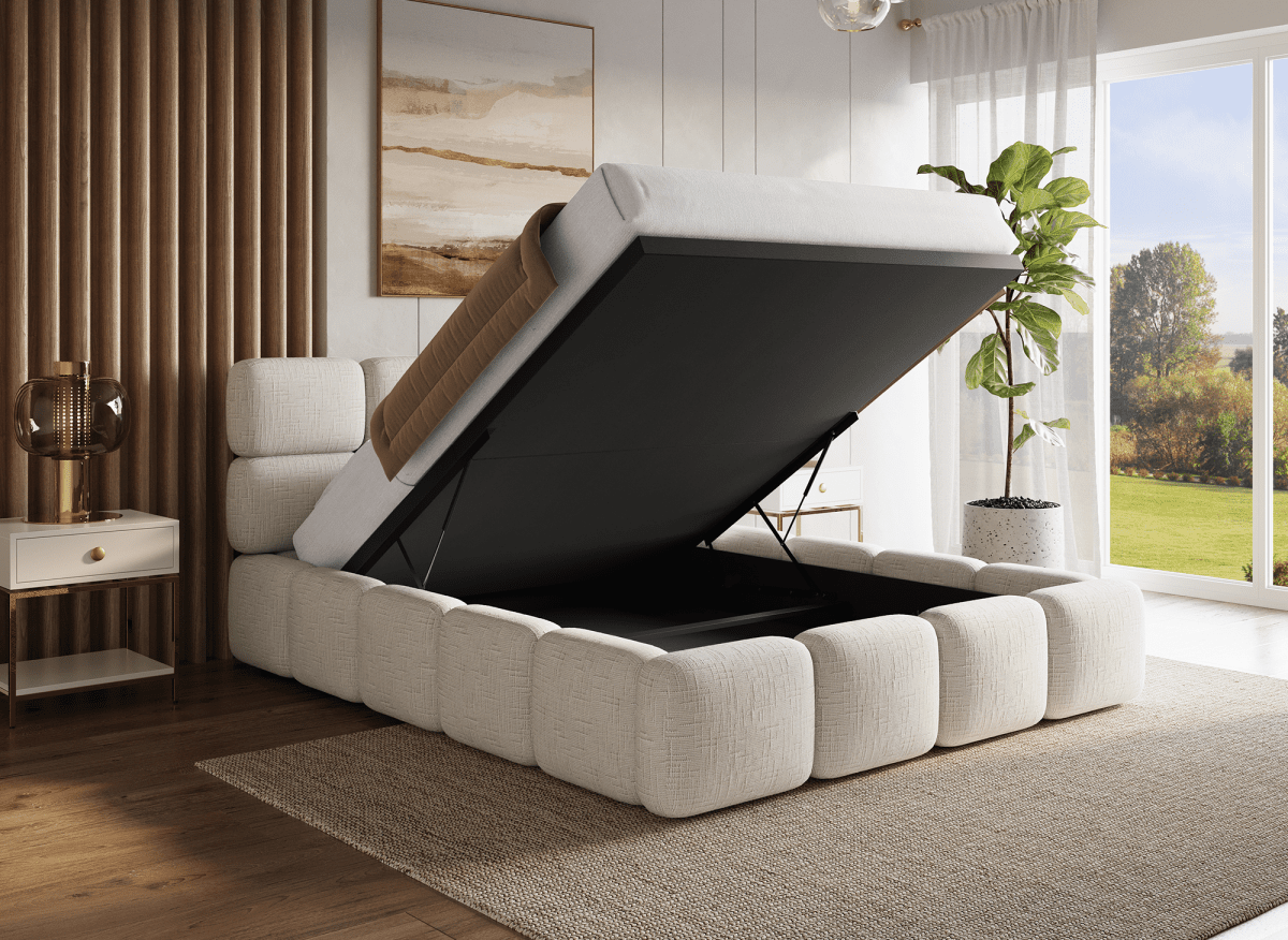 Lit coffre en velours chiné beige 140x190 cm BUBBLE - DécoInParis