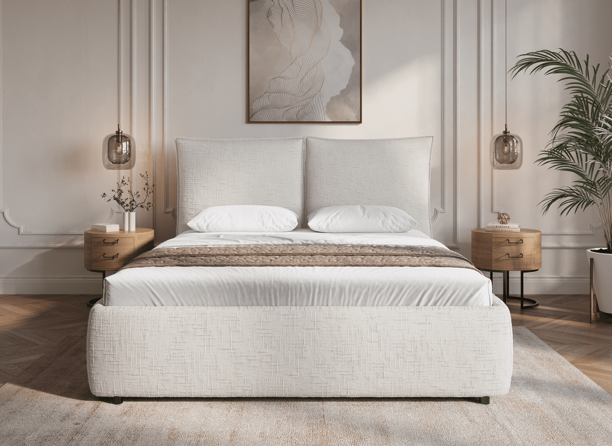 Lit coffre en velours chiné beige 160x200 cm MELY - DécoInParis