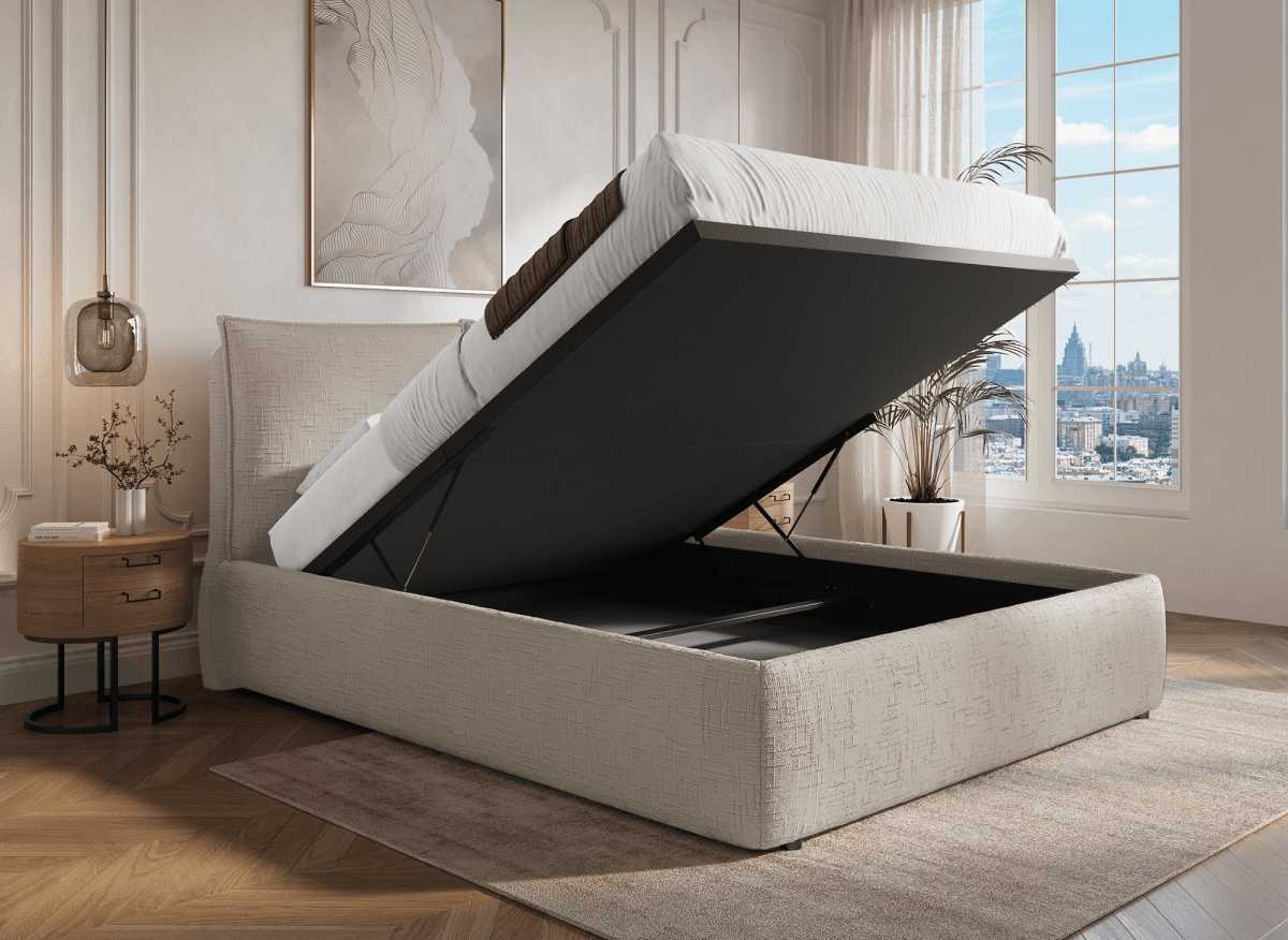 Lit coffre en velours chiné taupe 160x200 cm MELY - DécoInParis