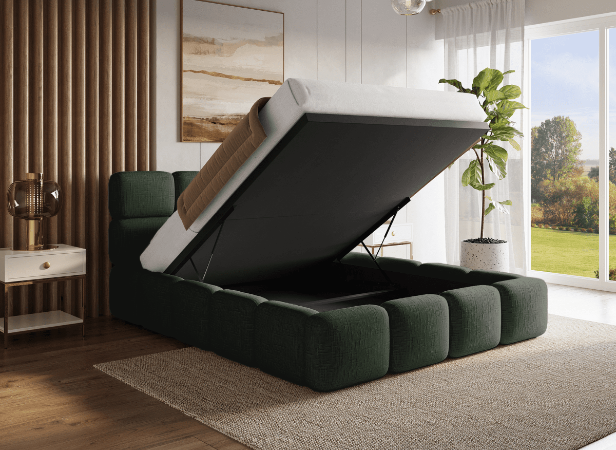 Lit coffre en velours chiné vert olive 160x200 cm BUBBLE - DécoInParis