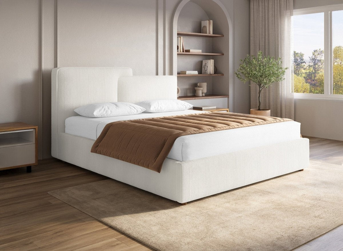 Lit coffre en velours côtelé écru 140x190 cm ZELIA - DécoInParis