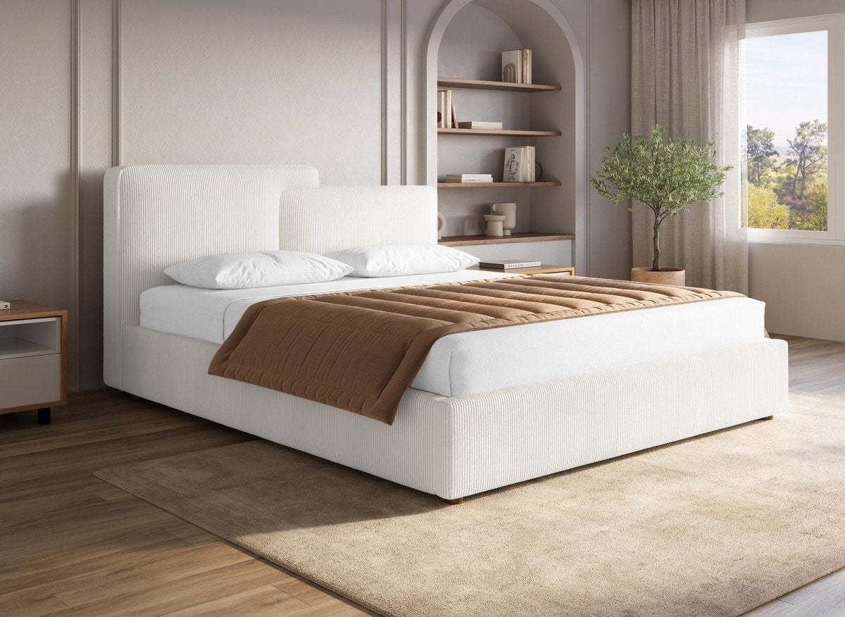 Lit coffre en velours côtelé écru 160x200 cm ZELIA - DécoInParis