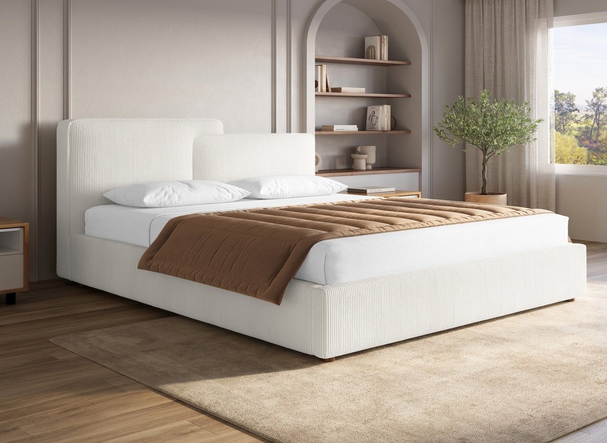Lit coffre en velours côtelé écru 180x200 cm ZELIA - DécoInParis