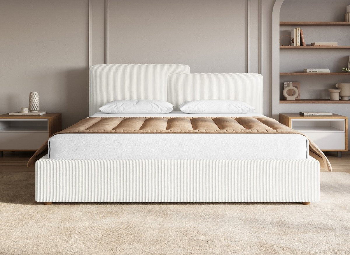 Lit coffre en velours côtelé écru 180x200 cm ZELIA - DécoInParis