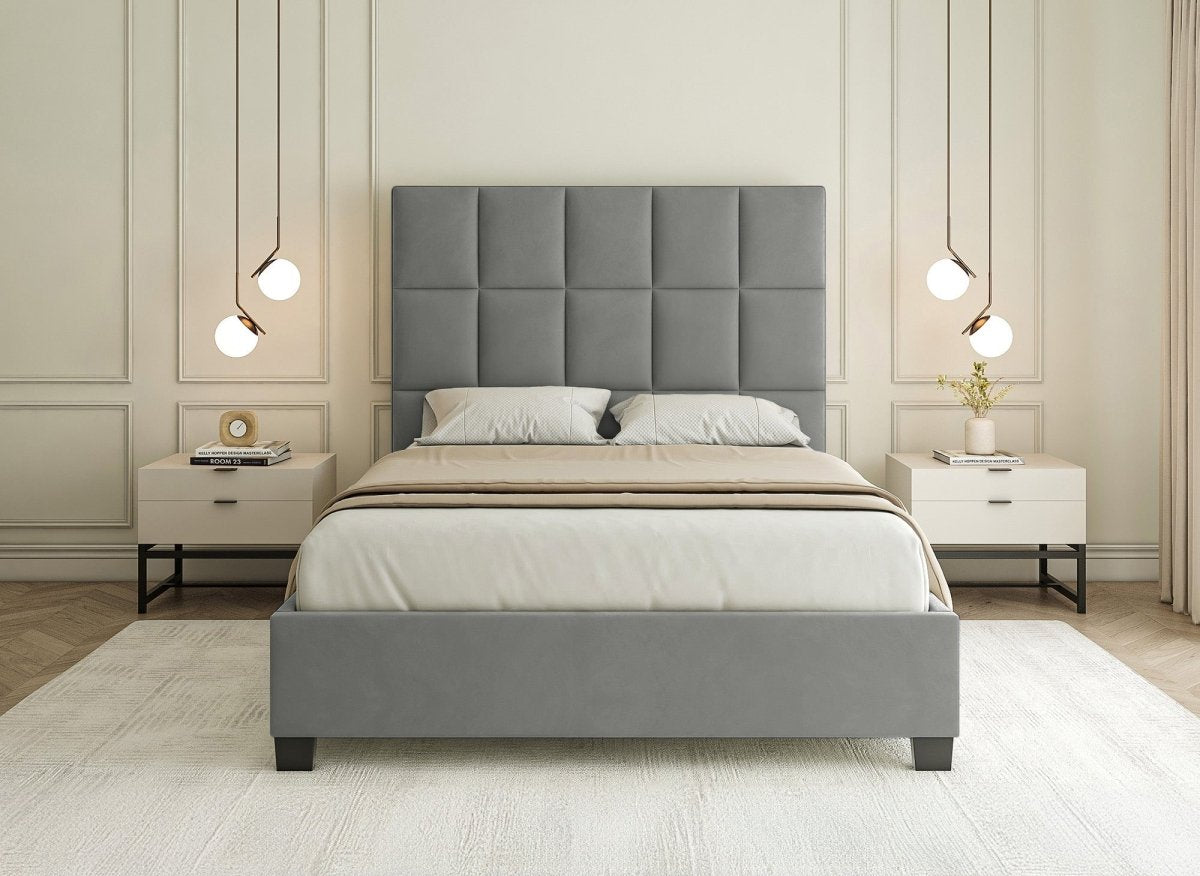 Lit coffre en velours gris design CAROLINE 180 x 200 cm - DécoInParis