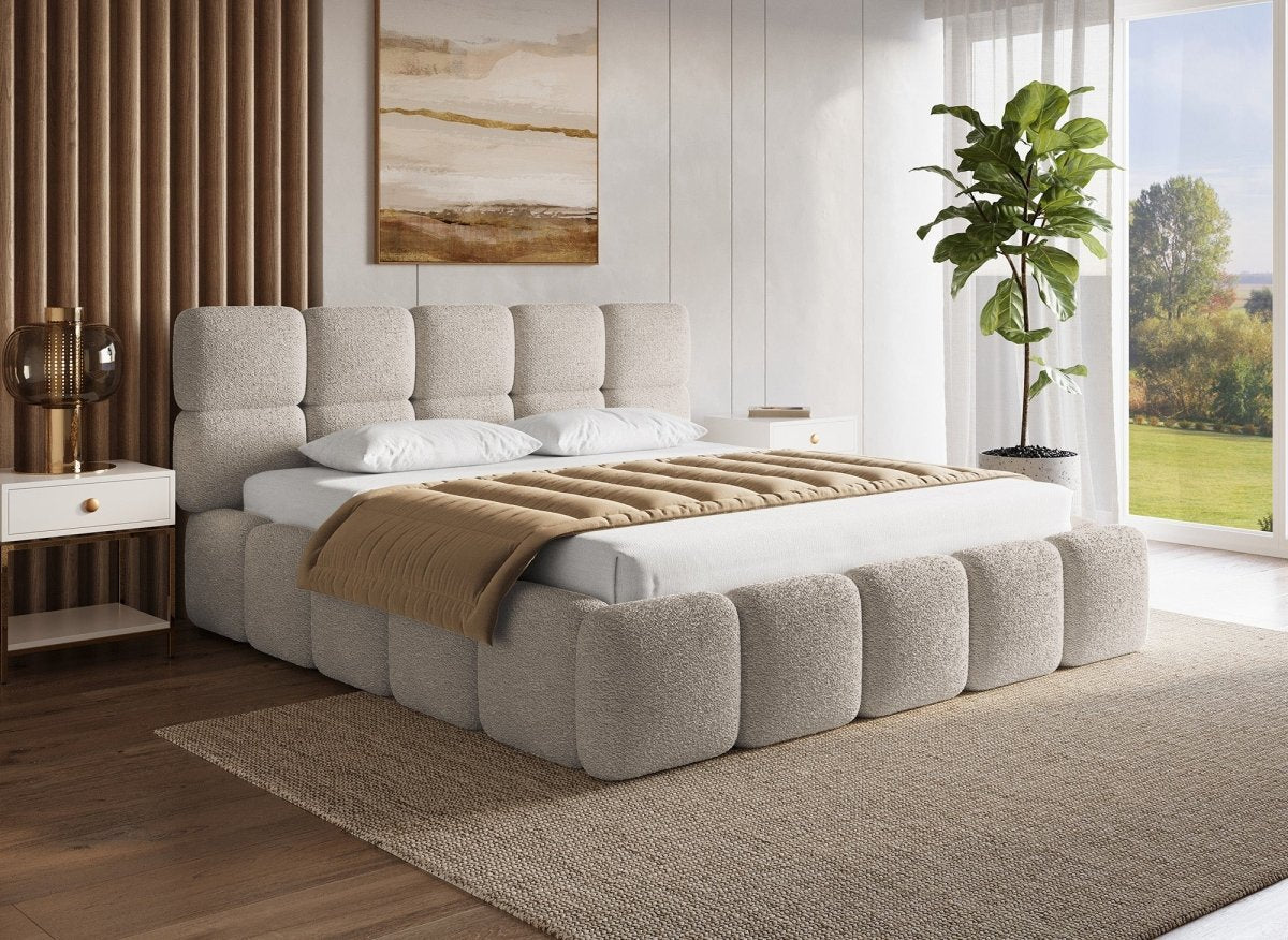 Lit coffre tissu bouclette taupe 180x200 cm BUBBLE - DécoInParis