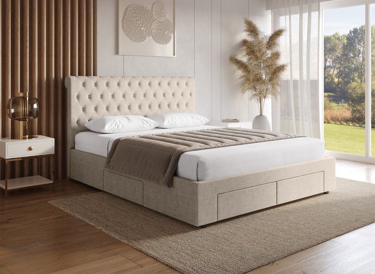 Lit double avec 4 tiroirs en lin beige 180x200 cm LEANDRE - DécoInParis