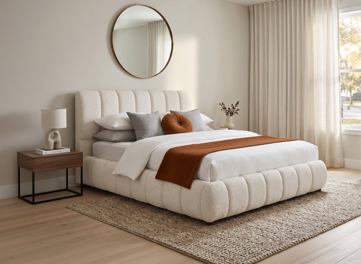 Lit double en tissu bouclette beige 140x190 cm RILEY - DécoInParis