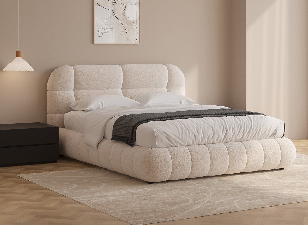 Lit double en tissu bouclette écru 160x200 cm YOURI - DécoInParis